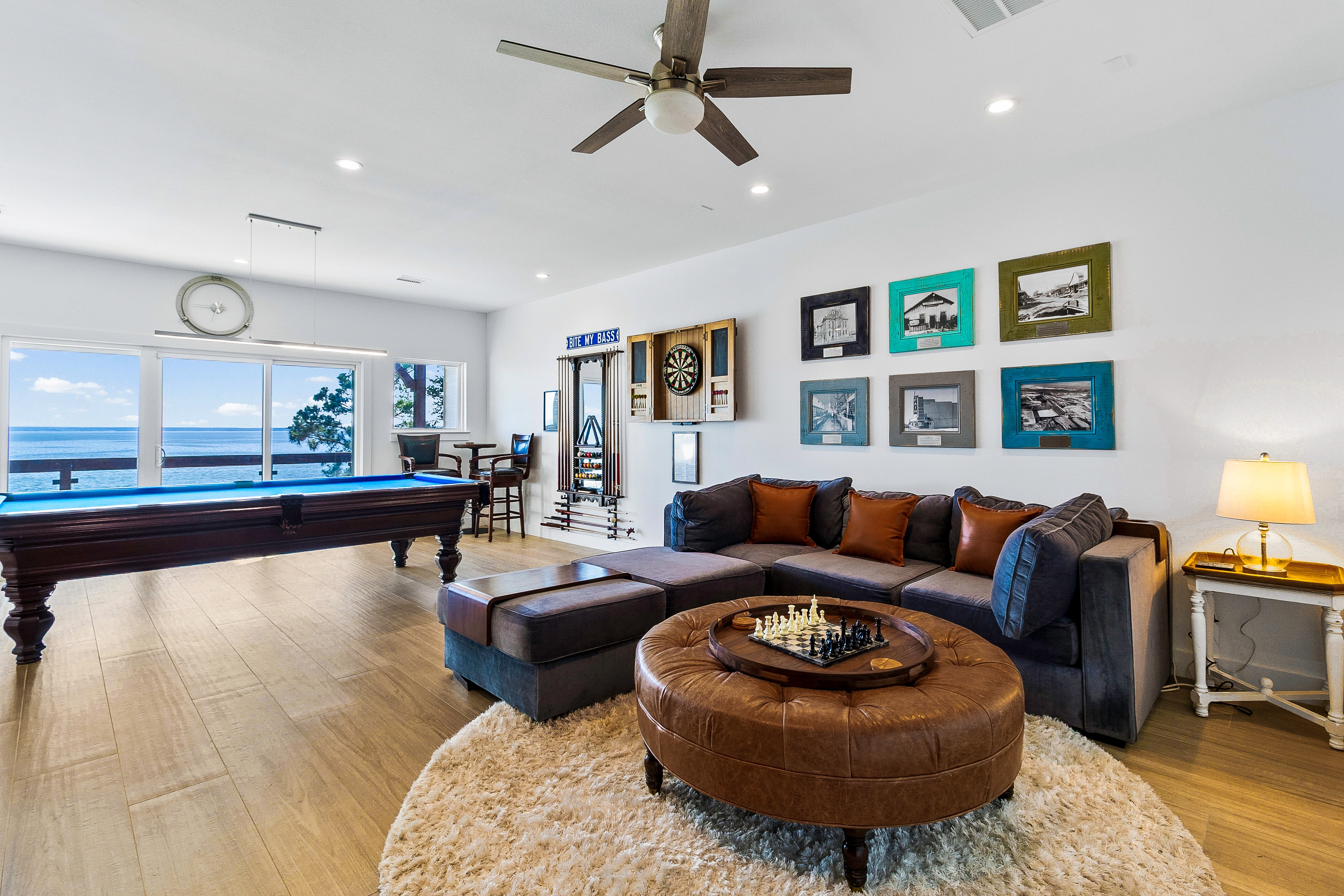 Luxury game room with ocean view