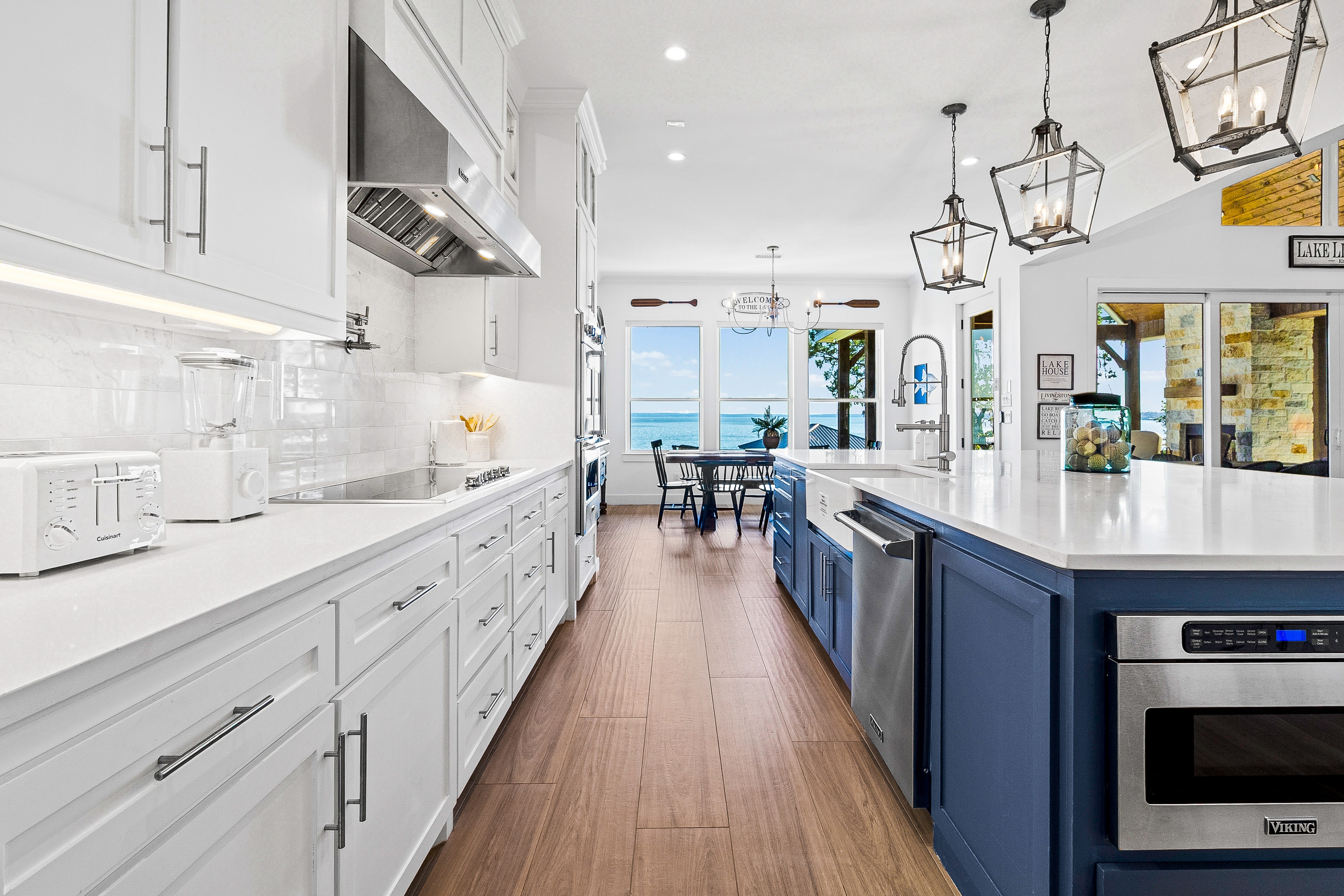 Modern kitchen with lake view windows