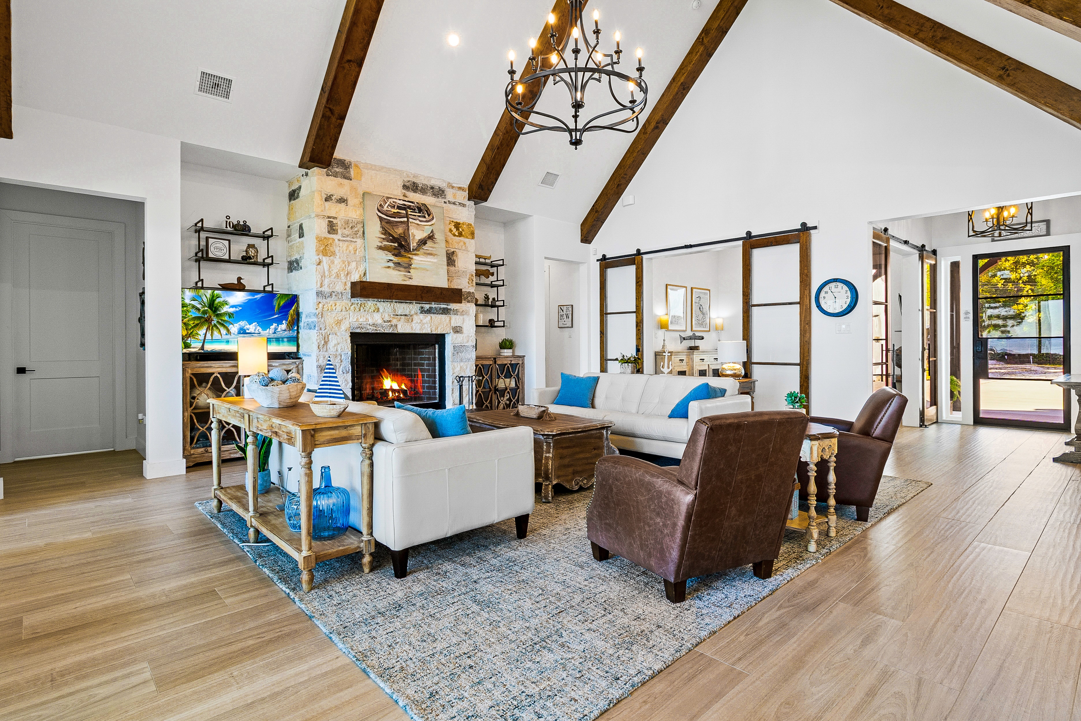 Modern living room with fireplace and coastal decor