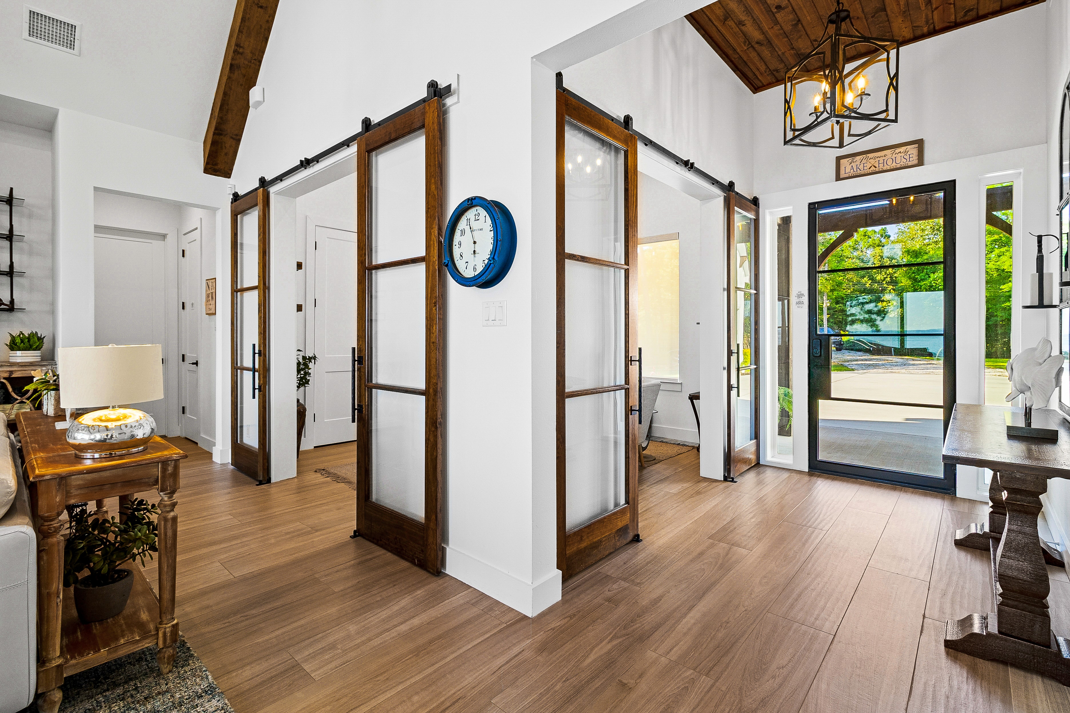 Modern farmhouse interior with sliding barn doors