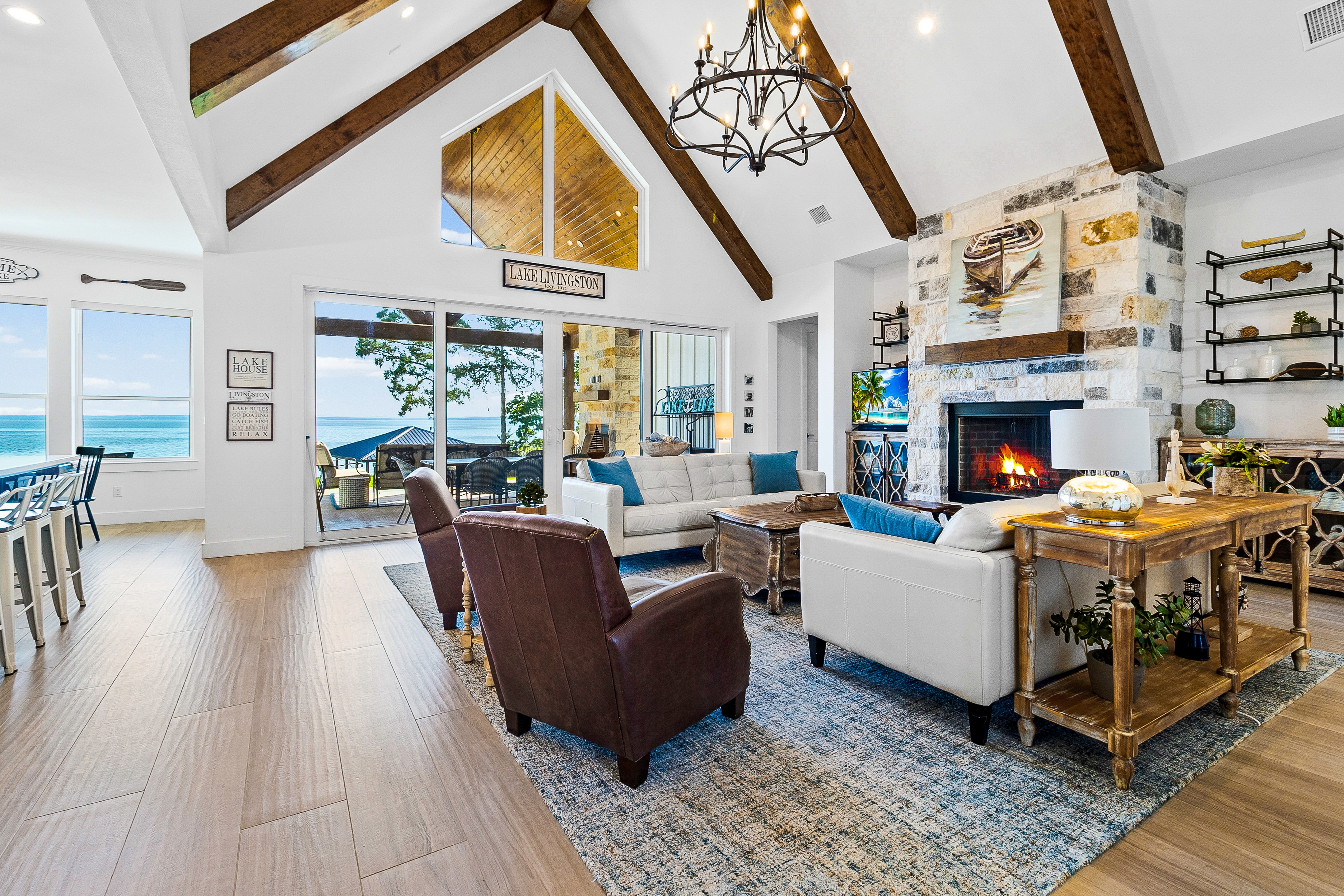 Lakehouse living room with fireplace