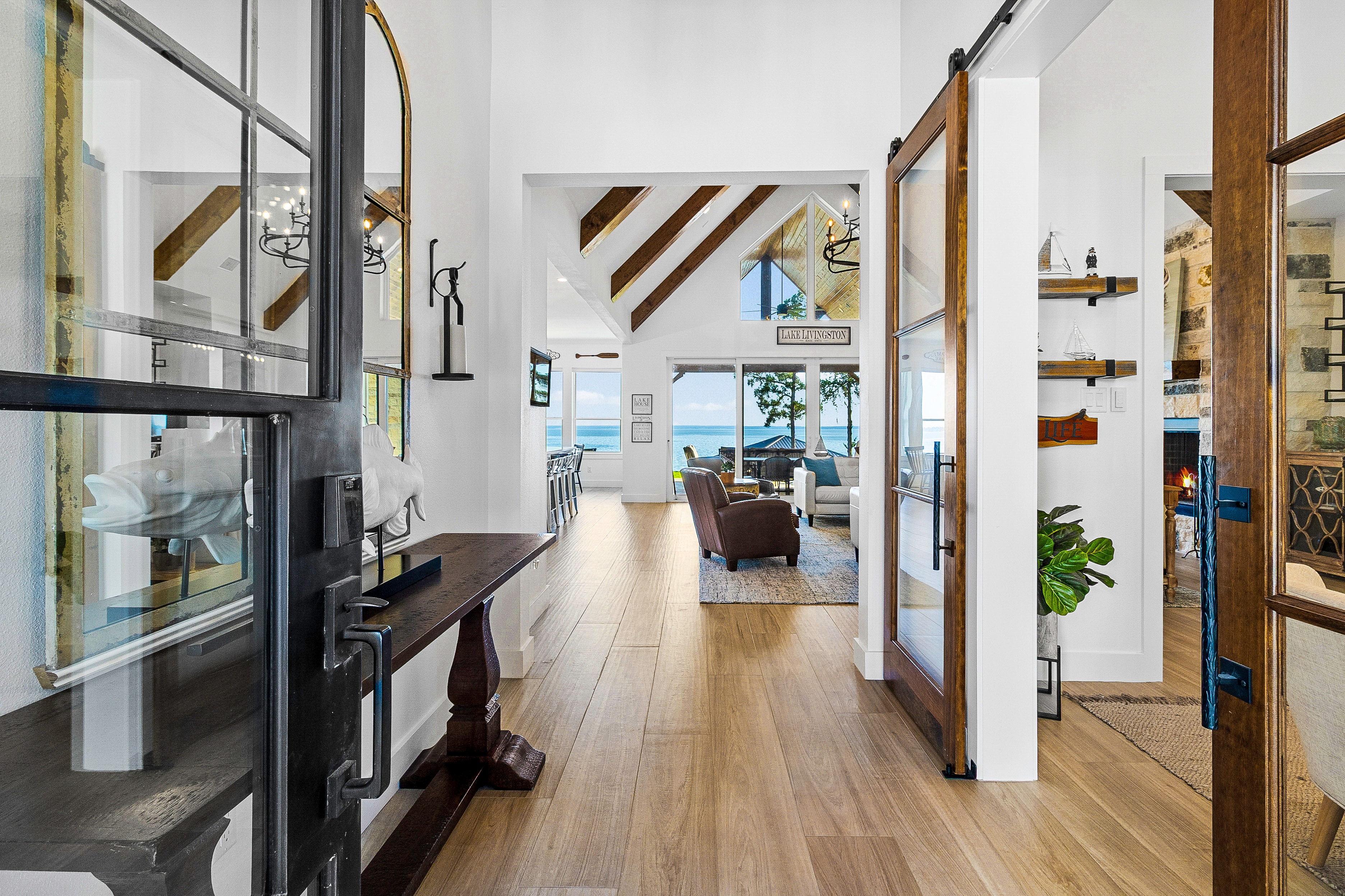 Modern coastal home interior with ocean view